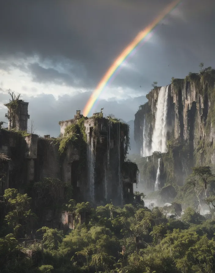 The image is a digital painting of a ruined city in a jungle. The city is built on a series of cliffs, and there is a large waterfall in the background. The sky is dark and cloudy, but there is a rainbow over the city. The city is in ruins, and there are no people visible. The painting is very detailed, and the artist has used a variety of techniques to create a realistic and atmospheric image.