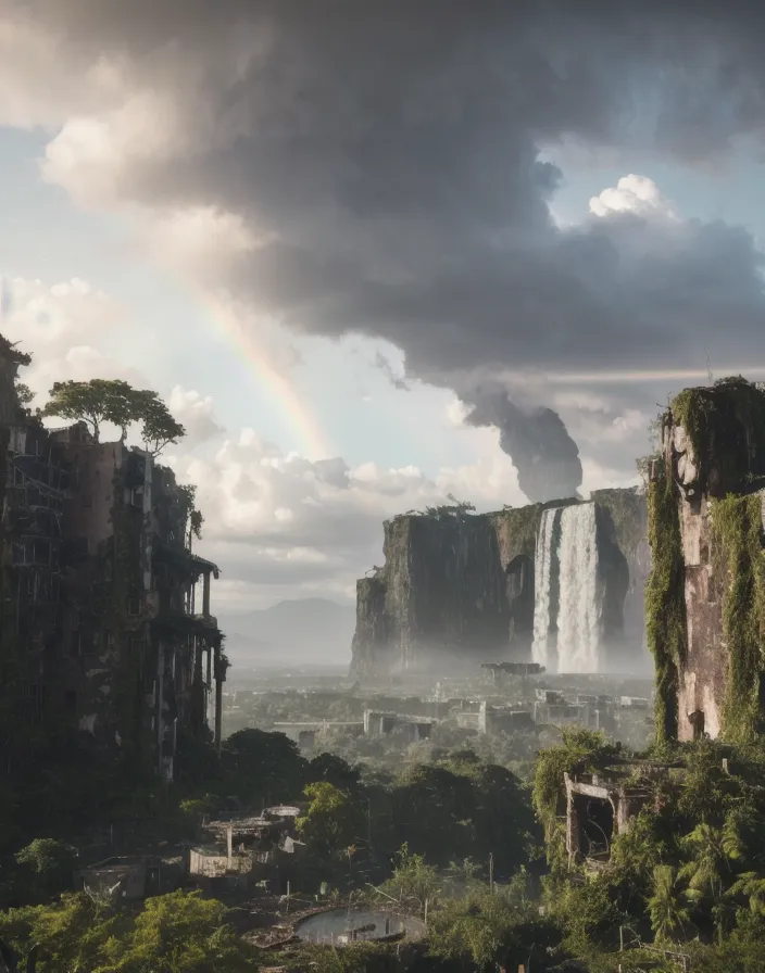 The image shows a post-apocalyptic city. The city is in ruins, with many buildings destroyed and overgrown with vegetation. There is a large waterfall in the background, and the sky is dark and cloudy. The city is surrounded by a large wall, and there are several large trees growing in the city.