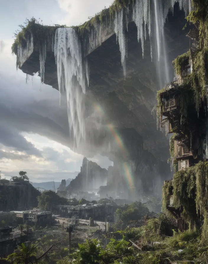 The image shows a post-apocalyptic city. The city is in ruins and overgrown with vegetation. There is a large waterfall in the background, and a rainbow in the foreground. The sky is cloudy and there is a mist in the air. The image is very detailed and realistic.