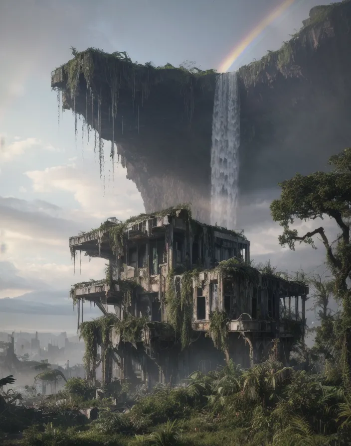 The image is a post-apocalyptic landscape. A large, overgrown building stands in the foreground, with a waterfall cascading down from a cliff behind it. The sky is grey and cloudy, with a rainbow visible in the distance. The ground is covered in overgrown plants.