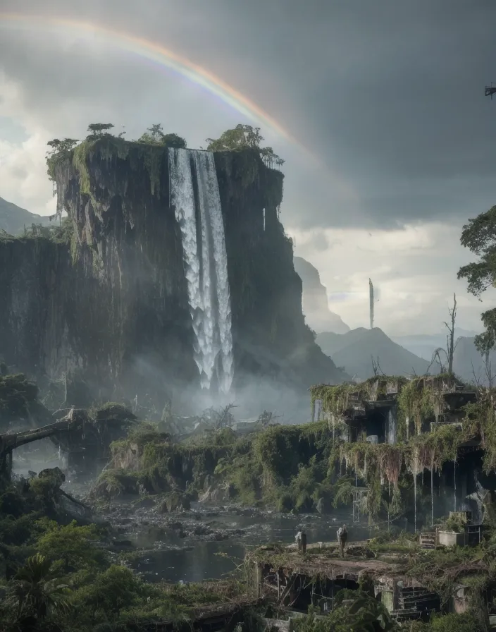 The image is set in a lush, overgrown jungle. In the background, there is a massive waterfall, with a rainbow arcing over it. The waterfall is surrounded by tall, green cliffs. In the foreground, there are several ruined buildings, overgrown with plants. There is a large hole in the ground, and a river running through the middle of the scene. The sky is dark and cloudy.