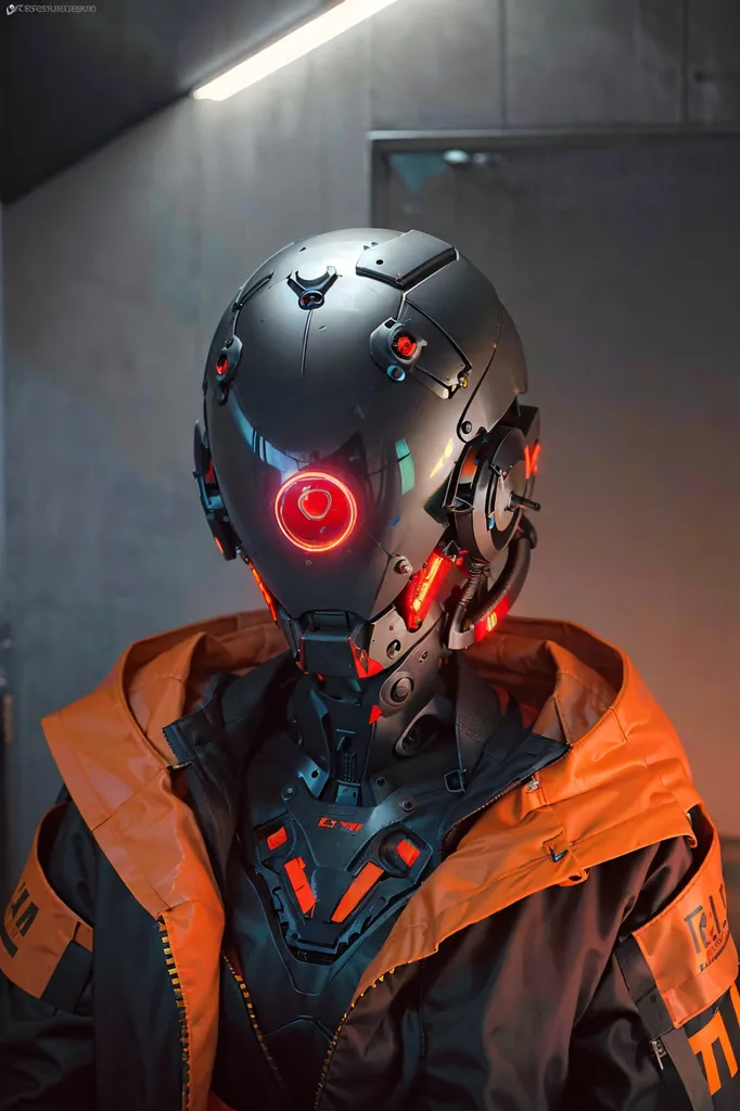 The image is a portrait of a person wearing a futuristic helmet. The helmet is black and has a red visor. The person is wearing a black jacket with orange and white stripes. The jacket has a high collar and a zipper down the front. The person's face is not visible, but their eyes are glowing red. The background of the image is a dark, concrete wall with a single light source on the left side of the frame.