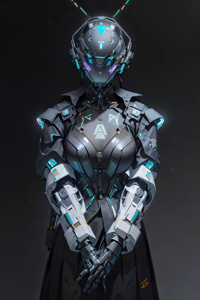 The image is a digital painting of a female cyborg. She is wearing a black and grey bodysuit with blue and white highlights. She has a helmet on her head with a visor over her eyes. Her arms are made of metal and have blue lights on them. She is standing in a dark room with a spotlight shining on her.