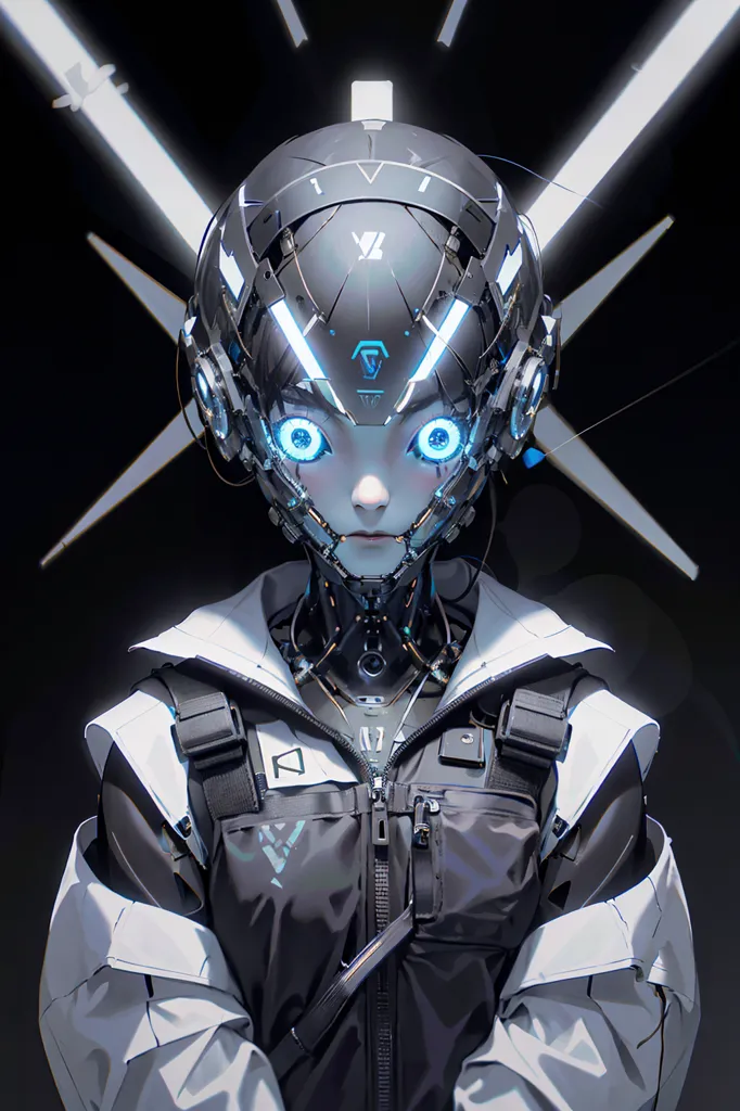 The image is a portrait of a female cyborg. She has short white hair and blue eyes. She is wearing a black and white bodysuit and a black helmet. The helmet has a V-shaped visor and a pair of blue lights on the sides. The cyborg's face is partially covered by the helmet, but her lips are visible. She is looking at the viewer with a serious expression. The background of the image is a dark, starry sky.