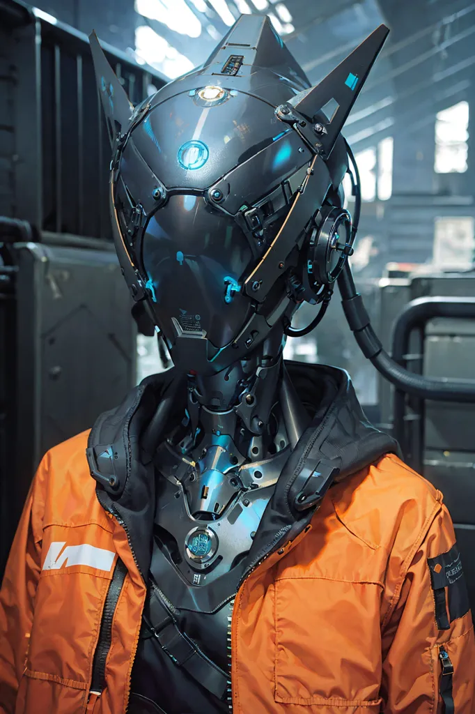 The image is a portrait of a robot wearing a black and orange jacket. The robot has a metallic face with a blue light on its forehead and blue lights on its cheeks. It is wearing a black and orange jacket with a white stripe on the sleeve. The robot is standing in a dark room with a metal wall in the background.