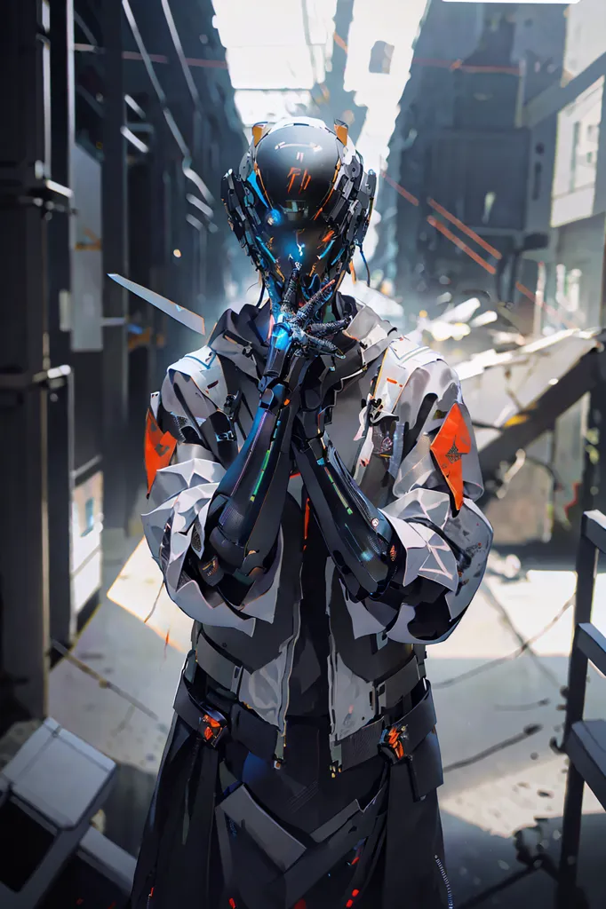 The image is of a person in a futuristic setting. The person is wearing a helmet and a suit of armor. The helmet has a visor and a breathing apparatus. The suit of armor is black and white with orange highlights. The person is standing in a destroyed city. There are ruins of buildings and debris everywhere. The sky is dark and there are clouds of smoke in the air.