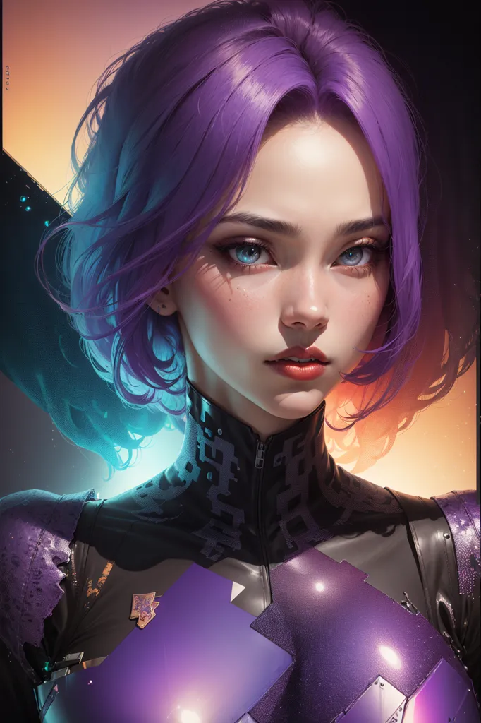 The image is a portrait of a young woman with purple hair and blue eyes. She is wearing a black and purple bodysuit. The woman has a serious expression on her face. She is looking at the viewer with her head tilted slightly to the right. The background is a dark color with a bright light on the left side of the image.