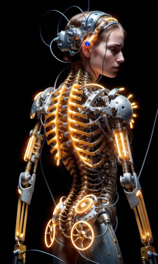 The image is a depiction of a steampunk cyborg woman. She has a metallic exoskeleton that covers her entire body. The exoskeleton is made of a variety of materials, including metal, leather, and wires. The woman's face is mostly human, but she has a number of cybernetic enhancements, including a glowing blue eye and a metal jaw. She is also wearing a pair of headphones. The image is set against a dark background.