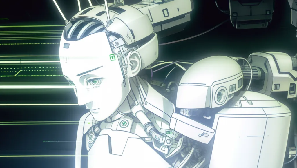 The image is of a gynoid, a female robot, with white hair and green eyes. She is wearing a white bodysuit and a helmet with a green visor. She is surrounded by green lines of light.