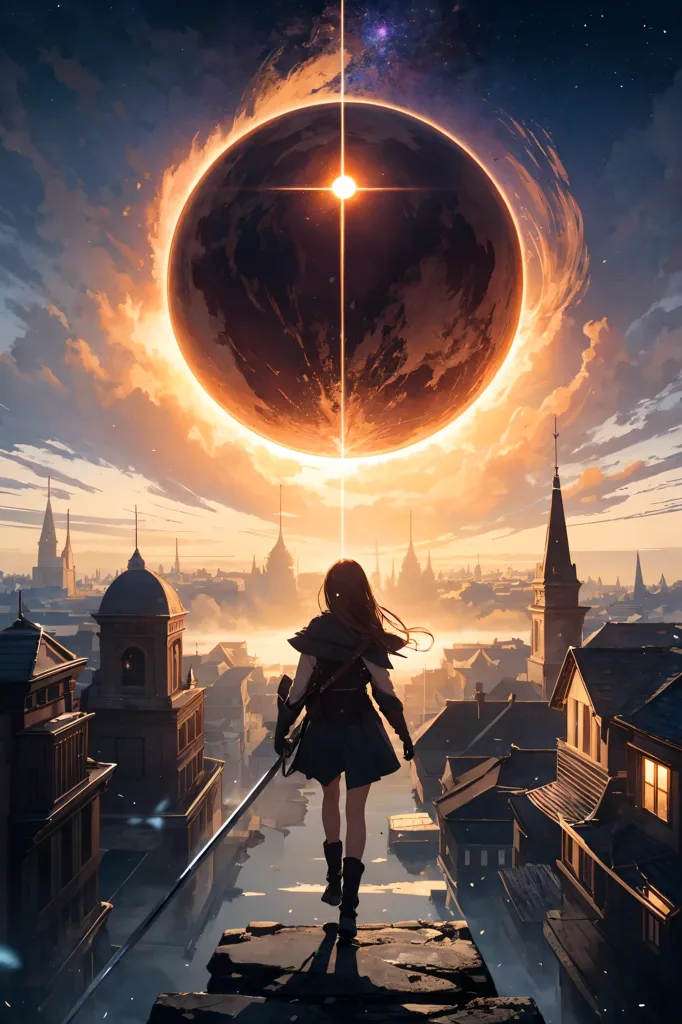 The image is a post-apocalyptic cityscape. The sky is dark and there is a large, glowing moon in the background. The city is in ruins and there are no people visible. There is a girl with a sword standing on a rooftop. She is looking out at the ruined city. The image is full of despair and hopelessness.