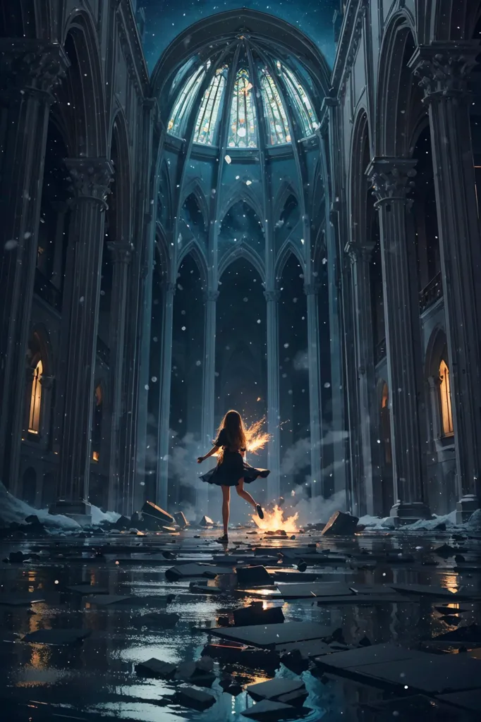 La imagen es una pintura digital de una chica con un vestido negro bailando en una iglesia en ruinas. La iglesia está en mal estado, con ventanas rotas y escombros en el suelo. La chica está bailando en el centro de la iglesia y está rodeada de llamas. Tiene una mirada decidida en su rostro y es evidente que no tiene miedo del peligro en el que se encuentra. La imagen es tanto hermosa como inquietante, y capta la atención del espectador con su estilo único y cautivador.