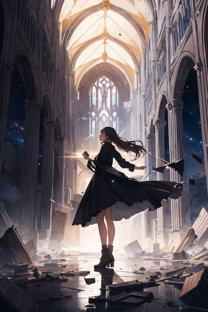 The image is of a girl standing in a ruined church. The church is in disrepair, with broken windows and collapsed stone pillars. The girl is wearing a black dress and is holding a glowing object in her hand. She is looking up at the broken The roof of the church. There is a large hole in the roof of the church, and stars can