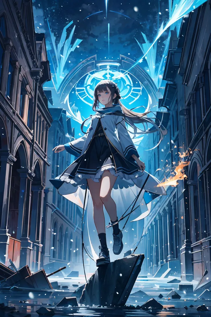 The image is an anime-style drawing of a girl in a white and blue outfit standing in a ruined city. The city is in ruins, with broken buildings and rubble everywhere. The girl is standing on a pile of rubble, and she has a determined expression on her face. She is wearing a white and blue dress with a long white cape. She has long brown hair and blue eyes, and she is carrying a sword. There is a blue symbol in the sky.