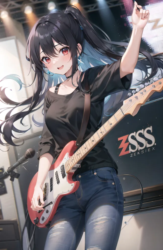 The image depicts a young woman with long black hair and red eyes. She is playing an electric guitar. She is wearing a black t-shirt, blue jeans, and a black choker. She is standing on a stage with a microphone in front of her. There is a large screen behind her with the words \