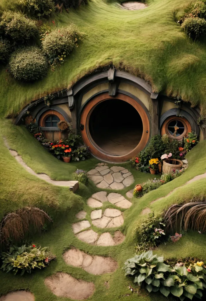 The image is of a hobbit hole, which is a type of underground dwelling. It has a round door and a thatched roof. The door is made of wood and has a brass doorknob. The roof is made of straw and has a chimney. There are two windows on the front of the hobbit hole. The windows are made of wood and have round panes of glass. There are some flowers and plants growing around the hobbit hole. The image is taken from a low angle, which makes the hobbit hole look even more imposing.