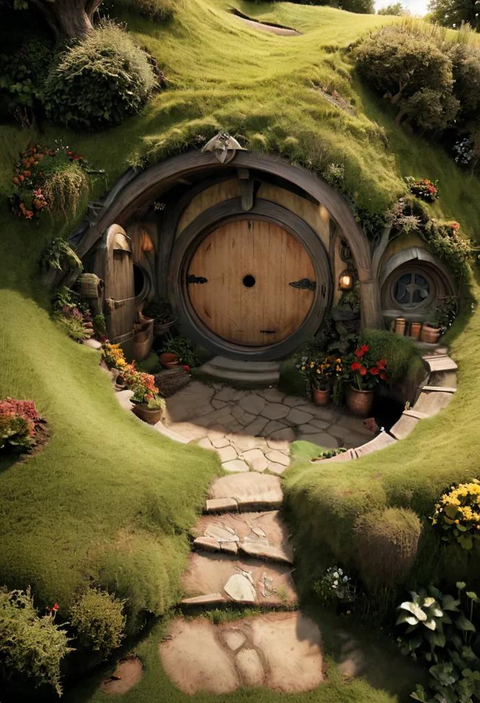 The image is of a hobbit hole, a fictional underground dwelling described in J. R. R. Tolkien's The Hobbit and The Lord of the Rings. The hobbit hole is located in a hillside and has a round door and a thatched roof. The door is made of wood and has a brass doorknob. The hobbit hole is surrounded by flowers and plants.