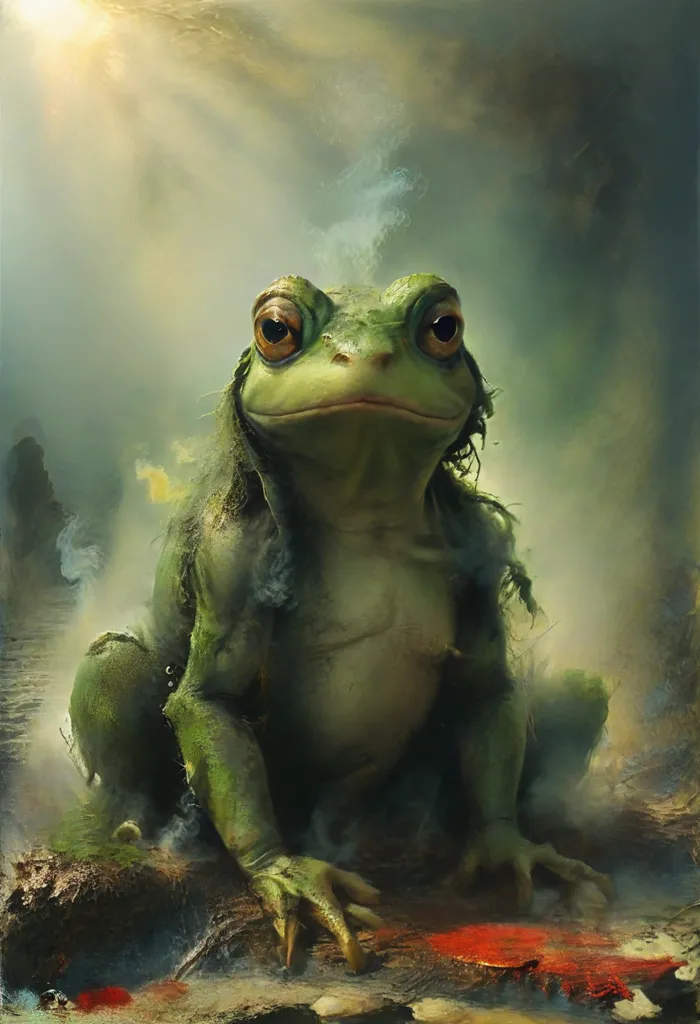 The image depicts a large, green frog-like creature sitting on a rock in the middle of a misty forest. The frog has large, yellow eyes, a wide mouth, and a long, forked tongue. It is covered in warts and has a large, webbed foot. The background of the image is a dark, murky forest with a bright light shining down from the top left corner.