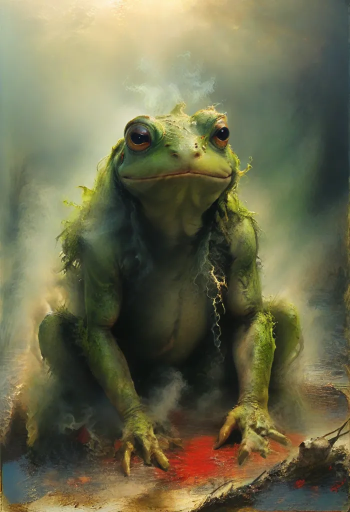 The image depicts a muscular anthropomorphic frog. It is green in color and has large, bulging eyes. Its body is covered in warts and its feet are webbed. The frog is sitting on a rock in a swamp. It is surrounded by tall grass and trees. The sun is shining through the trees, creating a dappled pattern on the frog's skin.