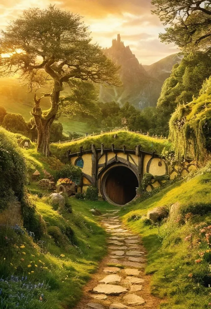 The picture is of a hobbit hole. It is a small, round door set into a hill. The door is made of wood and has a round window. The hobbit hole is surrounded by a garden with flowers and plants. There is a path leading up to the hobbit hole. The picture is taken from a low angle, which makes the hobbit hole look even more majestic.