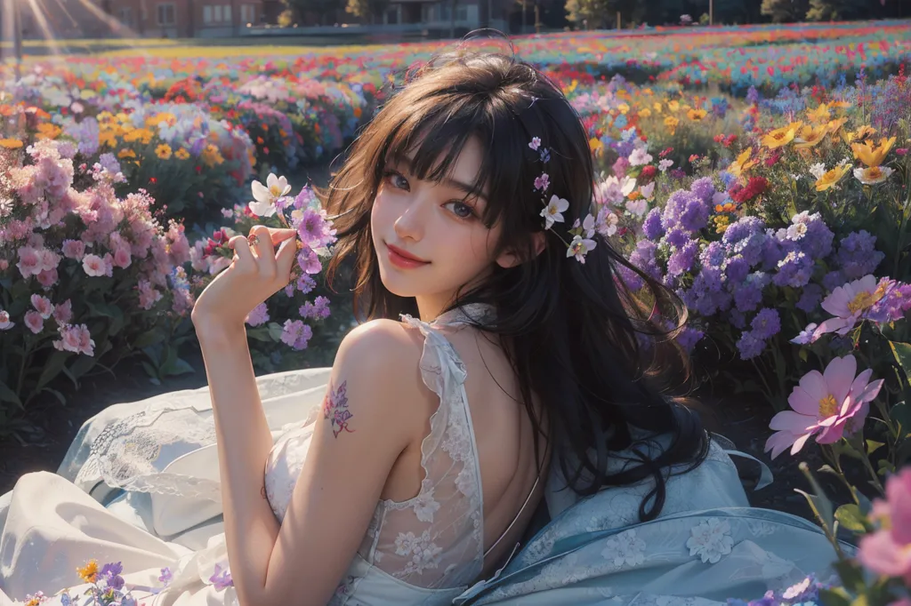 The image shows a beautiful young woman with long black hair and bangs. She is wearing a white dress with a sweetheart neckline and a sheer skirt. She is sitting in a field of flowers, holding a small bouquet of white and purple flowers. The background is blurry, but it looks like there are trees and buildings in the distance. The woman has a tattoo on her right arm. The tattoo is a floral design.