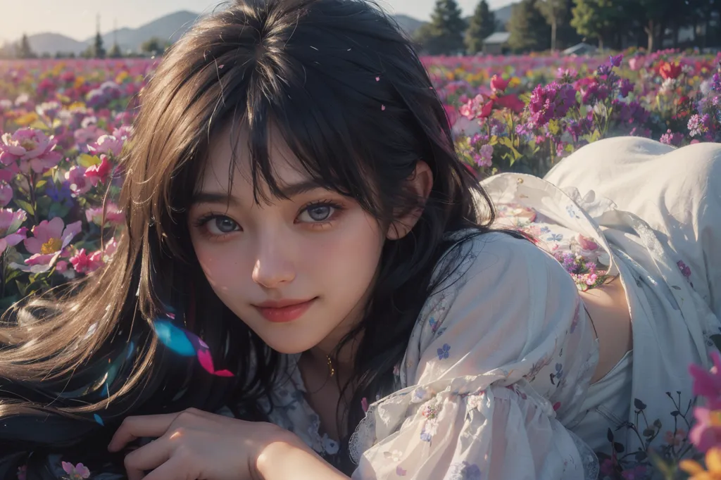 La imagen es una hermosa mujer joven acostada en un campo de flores. Tiene el cabello largo y oscuro y ojos de color púrpura claro. Lleva un vestido blanco con un estampado floral. Las flores del campo son en su mayoría de color púrpura, rosa y blanco. El fondo de la imagen es un desenfoque de árboles verdes y montañas. La imagen es muy pacífica y serena.