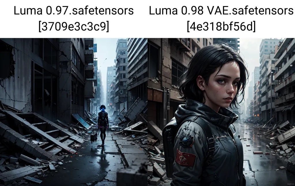 A imagem é uma comparação entre dois modelos de IA, Luma 0.97 e Luma 0.98. Ambos os modelos são treinados na tarefa de geração de imagens. A imagem mostra uma cidade pós-apocalíptica com uma mulher no meio. A mulher está usando um casaco preto e um lenço vermelho. Ela tem cabelos curtos e castanhos e uma expressão determinada no rosto. A cidade está em ruínas, com edifícios destruídos e escombros por toda parte. O céu está escuro e nublado. A imagem é renderizada em um estilo realista, com texturas e iluminação de alta qualidade.