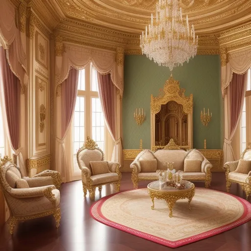 The image shows a luxurious living room with a high ceiling and ornate gold trim. There are two large windows with pink curtains, and a crystal chandelier hangs from the ceiling. The room is furnished with two sofas and two armchairs, all of which are upholstered in cream-colored fabric. There is a coffee table in the center of the room, and a rug on the floor. The room is decorated with several pieces of art, including a painting of a woman in a red dress.