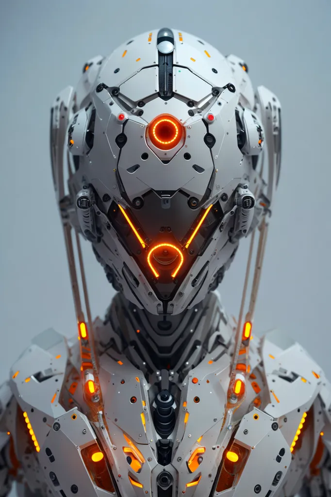 The image is a 3D rendering of a robot head and upper torso. The robot is white and has orange glowing eyes and other details. The robot's head is smooth and round, with a single orange eye in the center of its face. The robot's torso is covered in armor, with multiple joints and wires visible. The robot's arms are folded across its chest. The background of the image is a light gray.