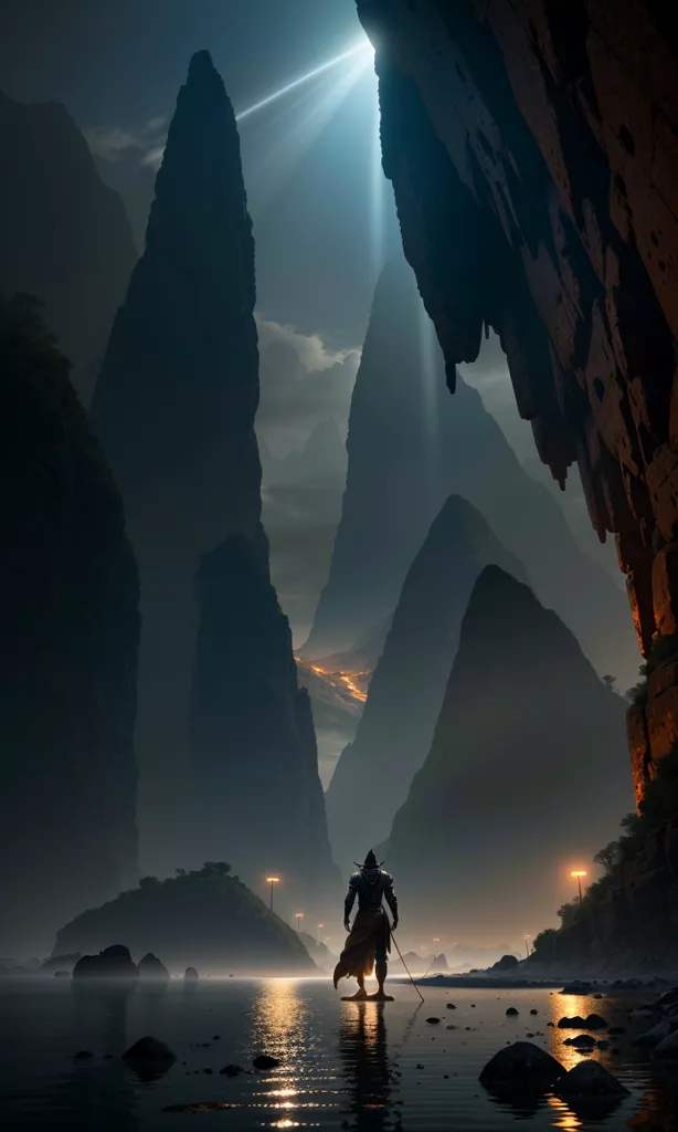 The image is a dark fantasy landscape. There is a figure standing in the center of the image. The figure is wearing a long black coat and a hat. The figure is holding a sword. There are tall mountains in the background. The mountains are covered in snow. There is a river in front of the figure. The river is reflecting the light from the sky. There are trees on the banks of the river. The trees are bare. The sky is dark and cloudy. There is a light shining down from the sky. The light is illuminating the figure.