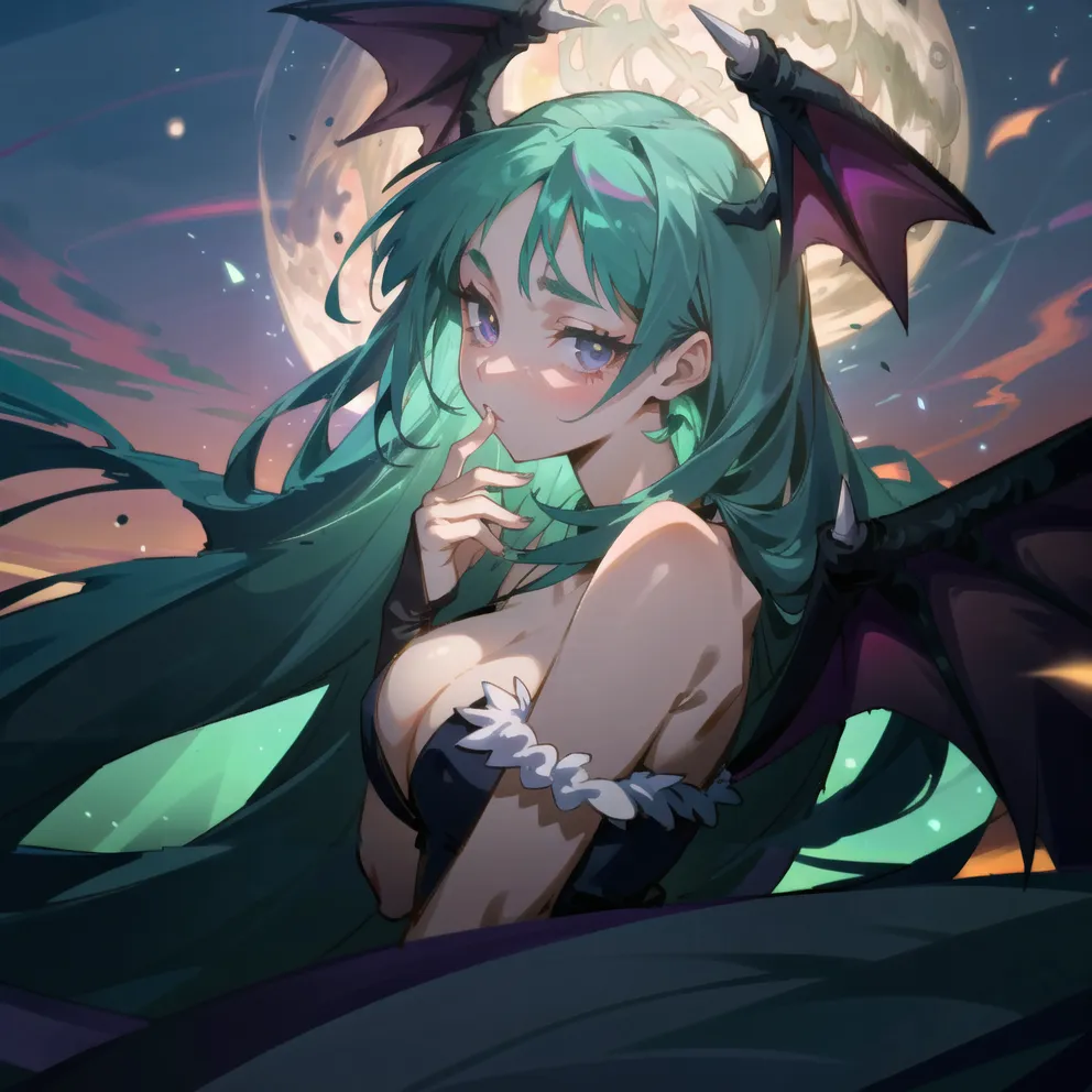 The picture shows a young woman with long green hair and purple eyes. She has bat wings and is wearing a black dress with a white collar. She is standing in front of a full moon and has her finger pressed to her lips, shushing the viewer.