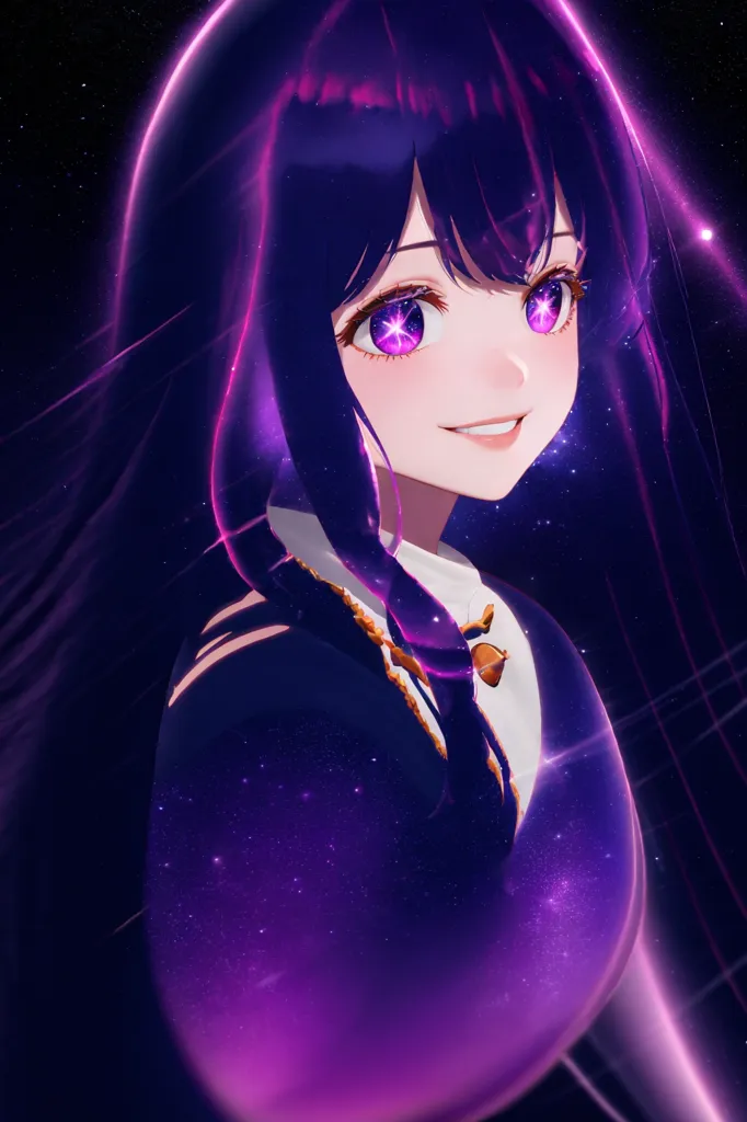 The image is a portrait of a young woman with long purple hair. She is smiling and has her eyes closed. She is wearing a dark blue dress with a white collar. The background is a dark purple night sky with stars. The image is drawn in a realistic style and the colors are vibrant and saturated.