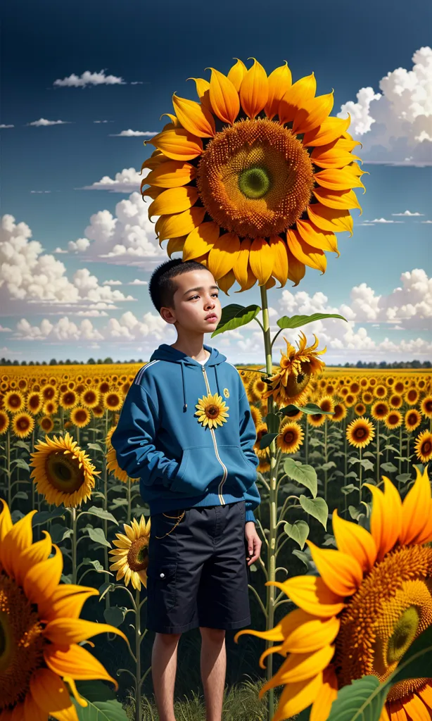 A young boy is standing in a field of sunflowers. The sunflowers are taller than him and he is looking up at them in wonder. The boy is wearing a blue sweatshirt and black shorts. The sunflowers are bright yellow and there are many of them. The sky is blue and there are some clouds in the distance. The sun is shining brightly. The boy is standing in the middle of the field and he is surrounded by sunflowers. He looks very small compared to the sunflowers.