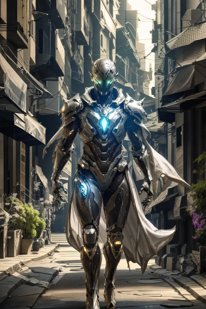 The image is of a tall, armored figure walking down a street in a city. The figure is wearing a helmet with a blue visor, and a white cape. The figure's armor is silver and blue, and it has a glowing blue core in its chest. The street is lined with tall buildings, and there are plants growing in pots on the street.
