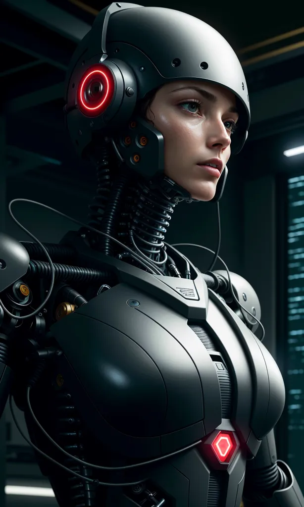 The image is of a beautiful woman with short dark hair. She is wearing a black and grey armored suit with a helmet. The suit has red lights on it. She is looking to the right of the frame. She is standing in a dark room with a light in the background.