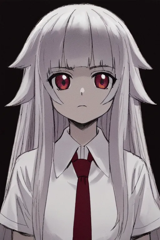 The image is a portrait of a young woman with long white hair and red eyes. She is wearing a white shirt and a red tie. Her expression is serious and slightly sad. The background is dark.