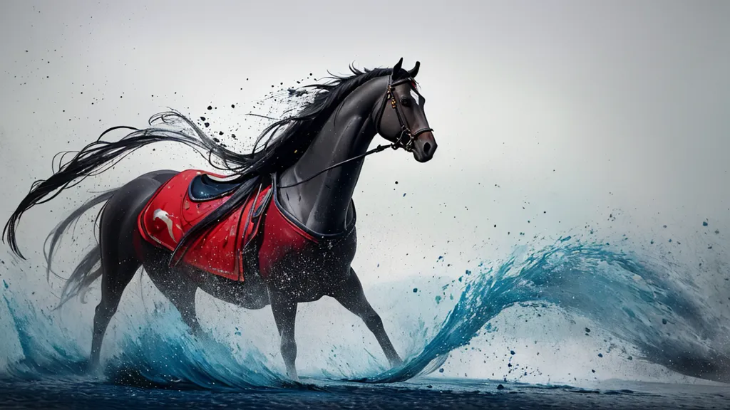 Un caballo negro con una silla de montar roja está corriendo a través del agua. El caballo está galopando y su crin y cola se mueven con el viento. El agua salpica alrededor de las patas del caballo. El caballo se dirige hacia el espectador. El fondo es de un color gris claro.