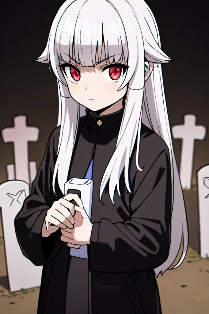 The image is of a young girl with long white hair and red eyes. She is wearing a black coat with a white collar. She is standing in a graveyard, holding a white rose. There are many gravestones behind her. The girl has a sad expression on her face.