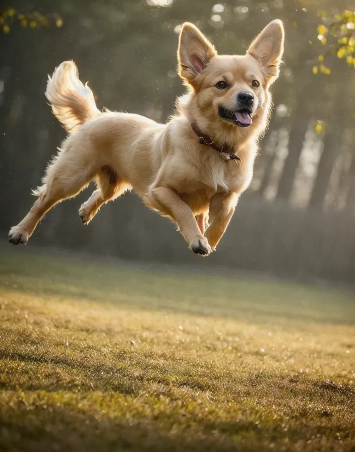 La imagen muestra un perro de tamaño pequeño a mediano con pelaje marrón claro saltando por el aire. Las patas del perro están extendidas y sus orejas están sopladas hacia atrás por el viento. Tiene una expresión de alegría en su rostro. El fondo es un borrón de hierba verde y árboles. El perro está en mitad de la zancada y su cola está agitándose. La imagen está tomada desde un ángulo bajo, lo que hace que el perro parezca aún más majestuoso.