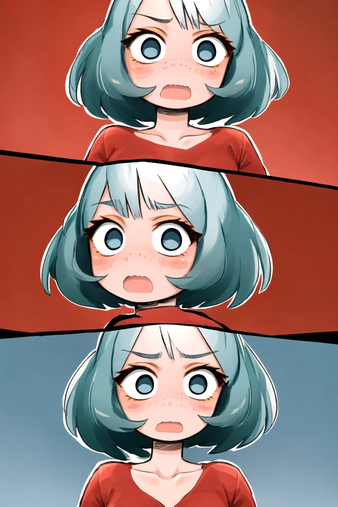 La imagen es un cómic de tres paneles de una chica chibi con cabello azul y ojos rojos. En el primer panel, ella está mirando algo con sorpresa con la boca abierta. En el segundo panel, ella está mirando algo con confusión con la boca cerrada. En el tercer panel, ella está mirando algo con miedo con la boca abierta.