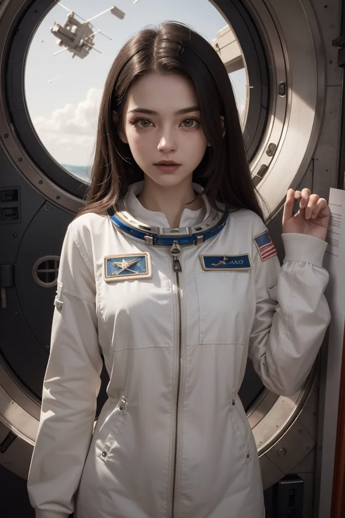 This is an image of a young girl in a spacesuit with her helmet off. She is standing in front of a large round window, looking out at the stars. She has long brown hair and brown eyes. She is wearing a white spacesuit with a blue collar. The spacesuit has a NASA logo on it, and an American flag patch on her shoulder. She is also wearing a blue and white striped tie.