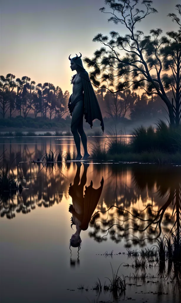 La imagen es una pintura oscura y sombría de una mujer de pie en un lago. La mujer está desnuda, con el cabello negro largo y cuernos que sobresalen de su cabeza. Está de pie con los brazos a los lados y la cabeza ligeramente inclinada hacia la izquierda. El agua está tranquila y oscura, y refleja perfectamente la imagen de la mujer. La única otra luz en la pintura proviene de algunas estrellas en el cielo. La pintura está llena de misterio e intriga, y deja al espectador preguntándose quién es la mujer y qué está haciendo en el lago.