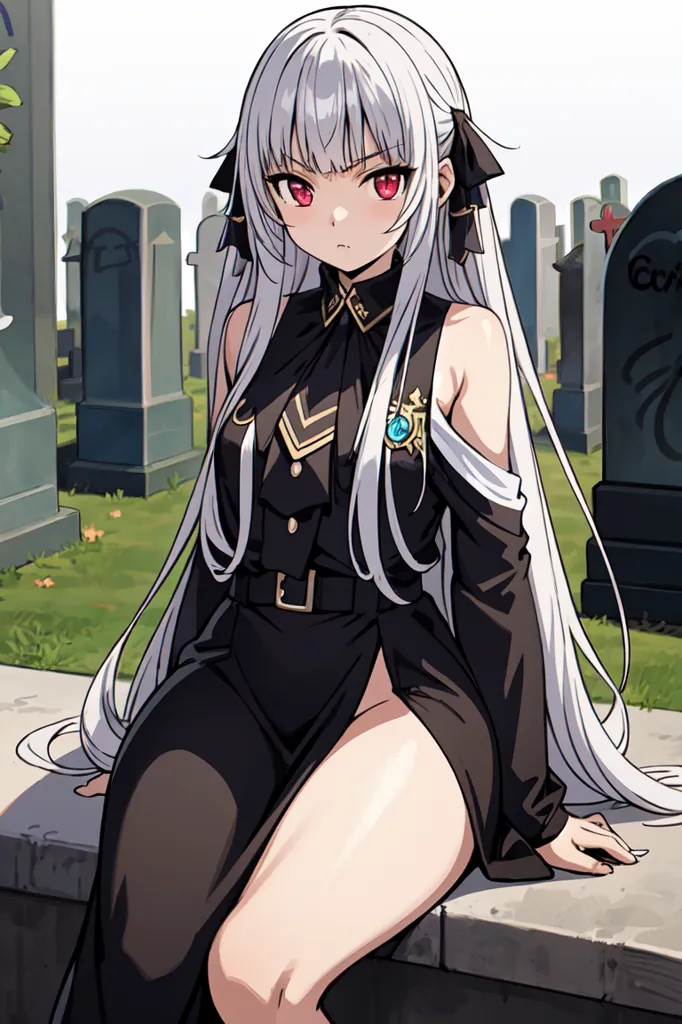 The image is of a young woman with long white hair and red eyes. She is wearing a black military-style dress with a white collar and a black hat with a white band. She is sitting on a stone wall in a cemetery. There are tombstones in the background. The woman has a serious expression on her face.