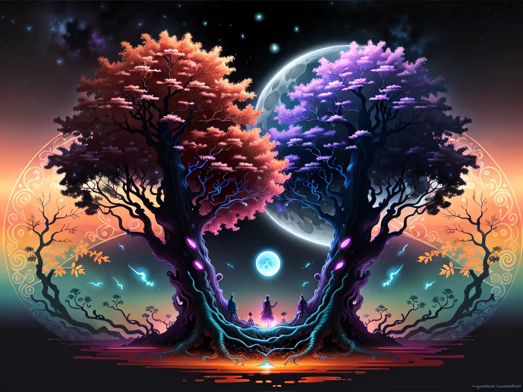 The image is a surreal and mystical landscape. There are two large trees in the center of the image, one with orange leaves and the other with purple leaves. The trees are connected by a bridge made of glowing mushrooms. In the background, there is a large moon and a starry sky. There are also several smaller trees and plants in the foreground. The image is full of vibrant colors and has a dreamlike quality.