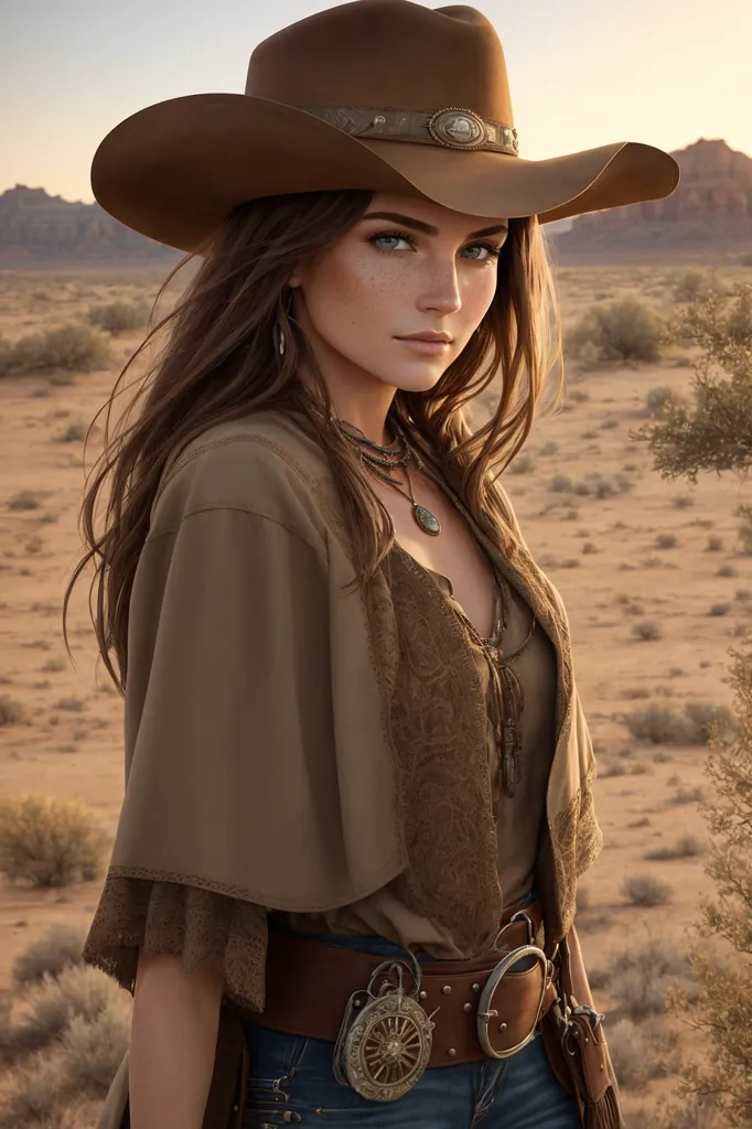 Esta imagem mostra uma jovem vestida com roupas de estilo ocidental. Ela está usando um chapéu de cowboy marrom, um poncho marrom e uma blusa branca. Ela também está usando um cinto marrom com uma fivela prateada e um colar prateado. Ela está em pé em uma paisagem desértica, com montanhas ao fundo.