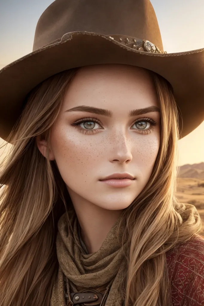 A imagem mostra uma jovem mulher usando um chapéu de cowboy marrom e uma echarpe marrom em volta do pescoço. Ela tem cabelos longos e ondulados castanhos e olhos verdes. Seu rosto é salpicado de sardas e ela tem um visual natural, mas definido. Ela está olhando para a direita do quadro, que está ligeiramente inclinado para cima.