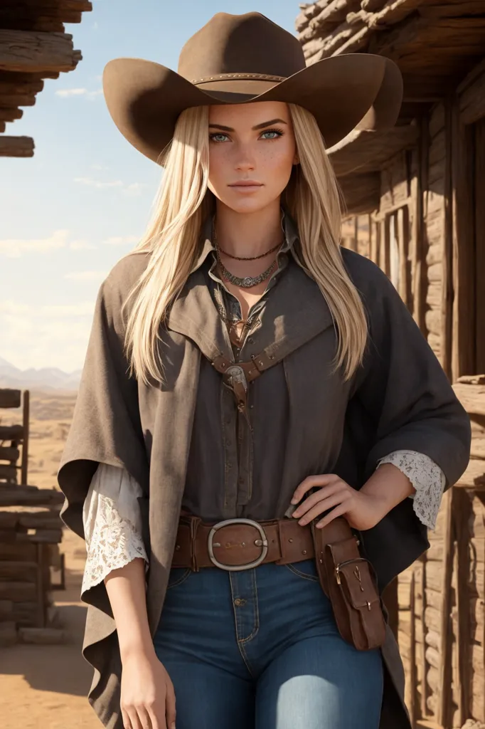 A imagem mostra uma mulher usando um chapéu de cowboy, um poncho marrom e uma calça jeans azul. Ela tem cabelos loiros e olhos azuis. Ela está em pé em frente a um edifício de madeira com um cinto de arma em torno da cintura e um coldre no quadril direito.