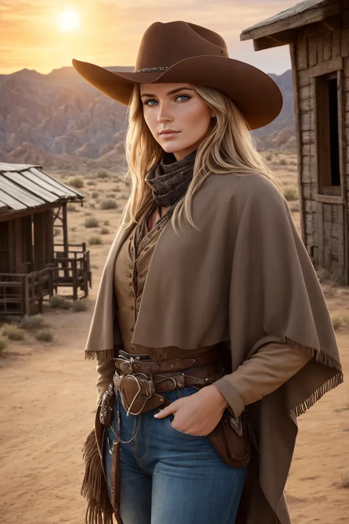 A imagem mostra uma mulher usando um chapéu de cowboy marrom e um poncho marrom. Ela tem cabelos loiros e olhos azuis. Ela está usando uma camisa branca e jeans azuis. Ela tem um cinto de arma e um coldre no quadril direito. Ela está em pé em frente a uma casa de madeira. Há uma paisagem desértica ao fundo.