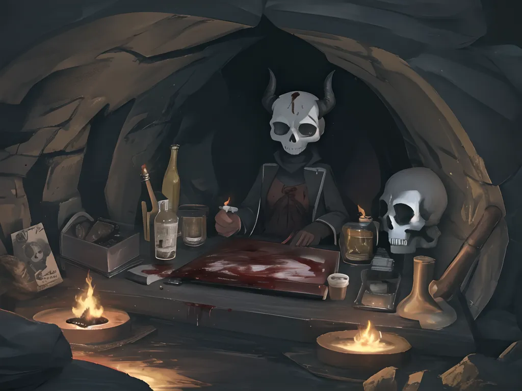 The image is a dark and mysterious painting of a skull with horns sitting in a cave. The skull is wearing a black robe with a red scarf and has a candle in front of it. There are bones, potions, and other objects on the table in front of the skull. The cave is lit by two torches.