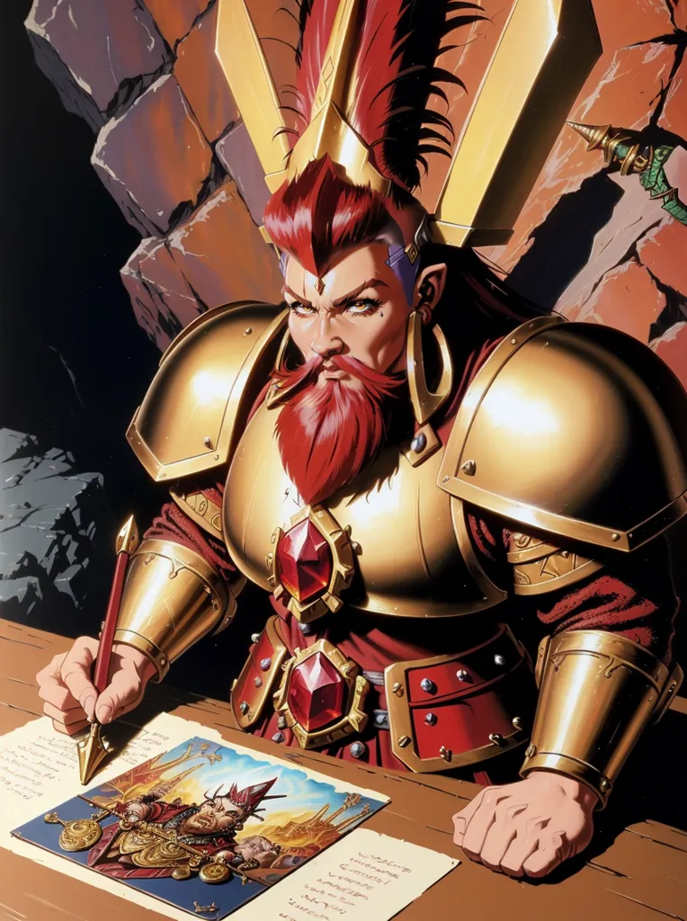 The image is of a dwarf wearing golden armor with red accents. He has a red beard and a red mohawk. He is sitting at a desk, writing something on a piece of parchment. There is a quill in his right hand. He is wearing a red cape. There is a large book to the left of the parchment. He has a stern expression on his face.