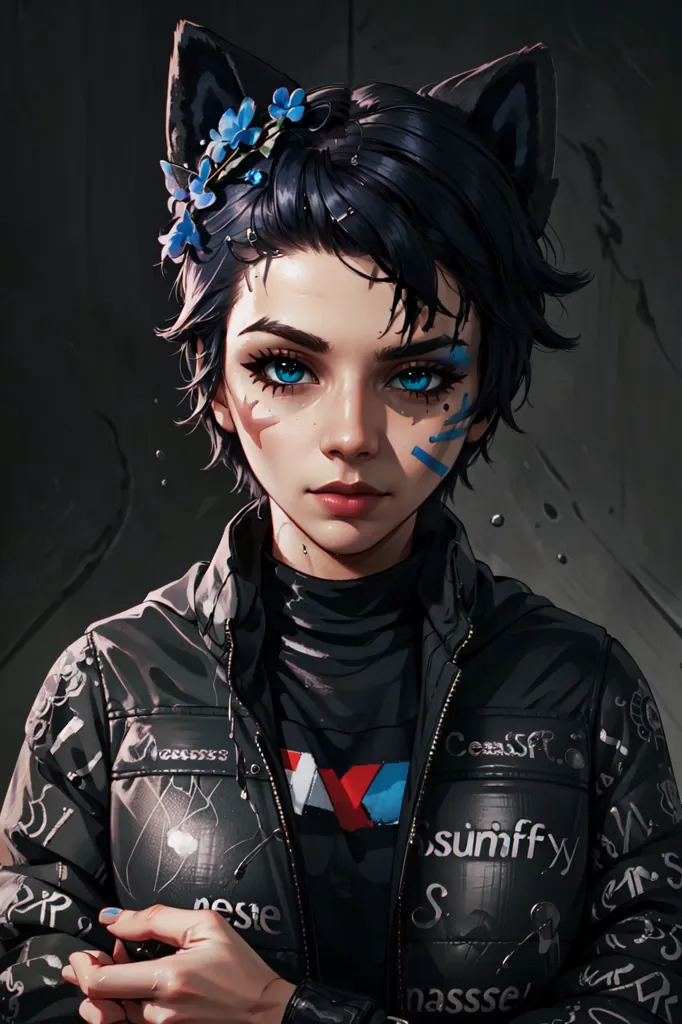 The image is of a young woman with cat ears. She has short black hair and blue eyes. She is wearing a black leather jacket with blue and white graffiti on it. The jacket is unzipped, showing a black shirt underneath. She has a flower crown on her head and is looking at the viewer with a serious expression.